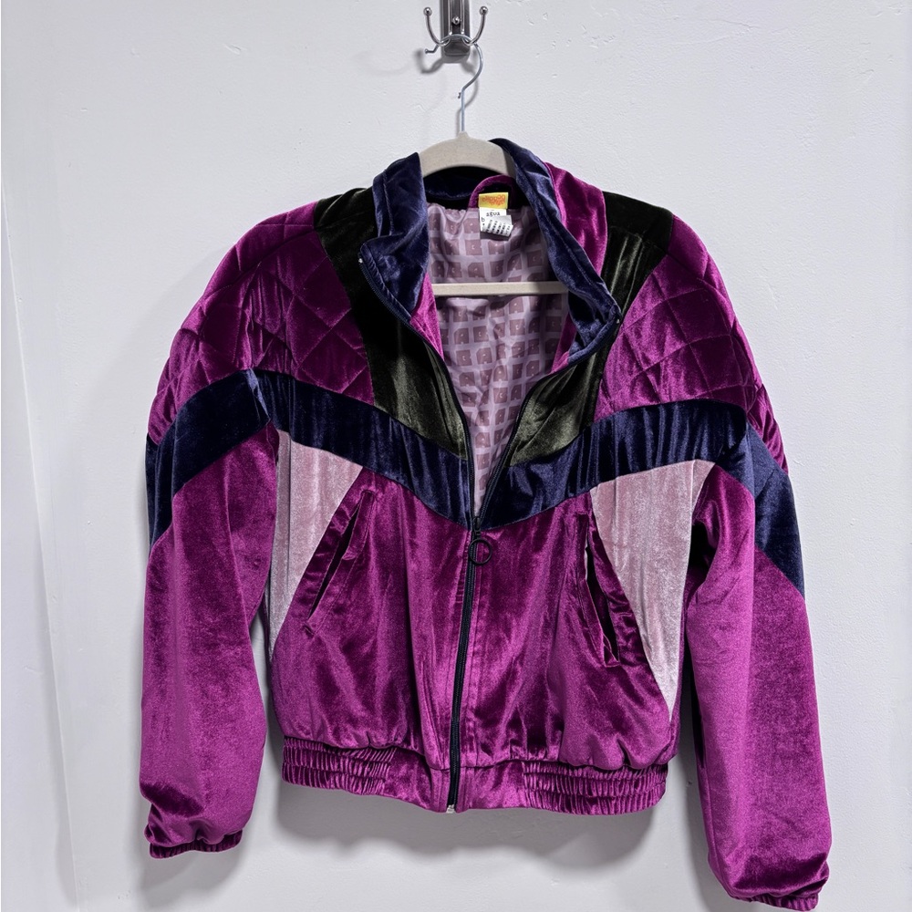 Agua Bendita Velvet Bomber Jacket in Purple and Black
